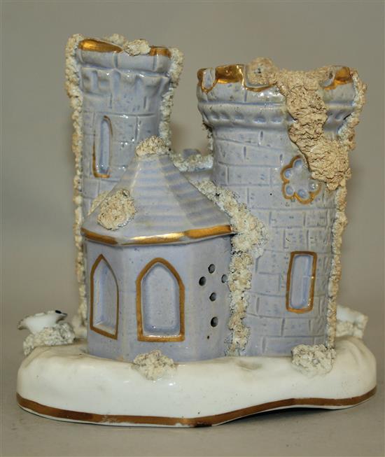 A rare large Staffordshire lavender glazed porcelain castle pastille burner and stand, c.1835, 15cm